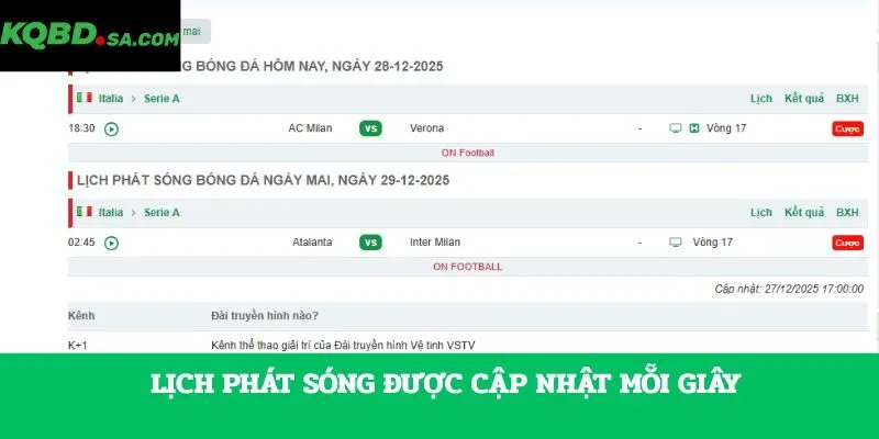 Lịch phát sóng được cập nhật mỗi giây