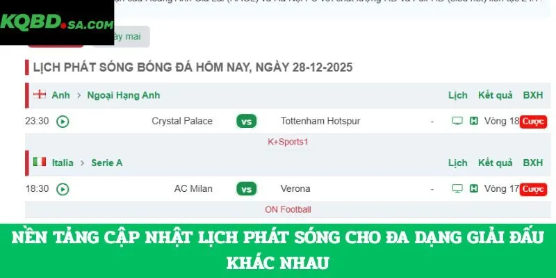 Nền tảng cập nhật lịch phát sóng cho đa dạng giải đấu khác nhau